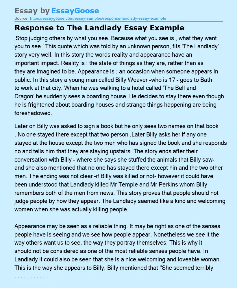 Response to The Landlady Essay Example