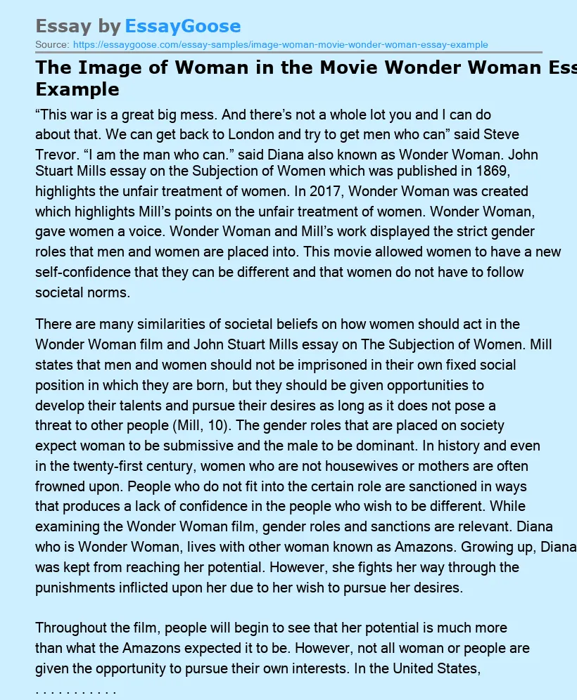 The Image of Woman in the Movie Wonder Woman Essay Example