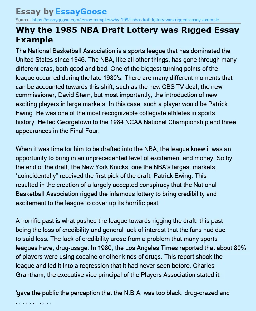 Why the 1985 NBA Draft Lottery was Rigged Essay Example
