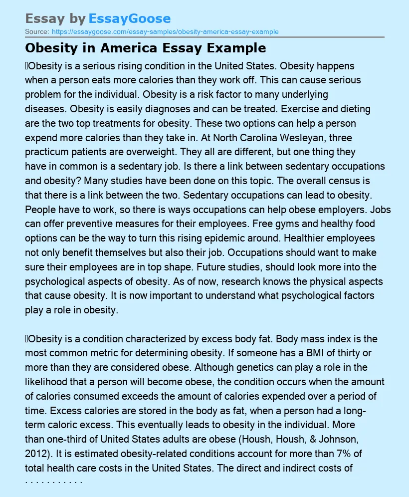 Obesity in America Essay Example