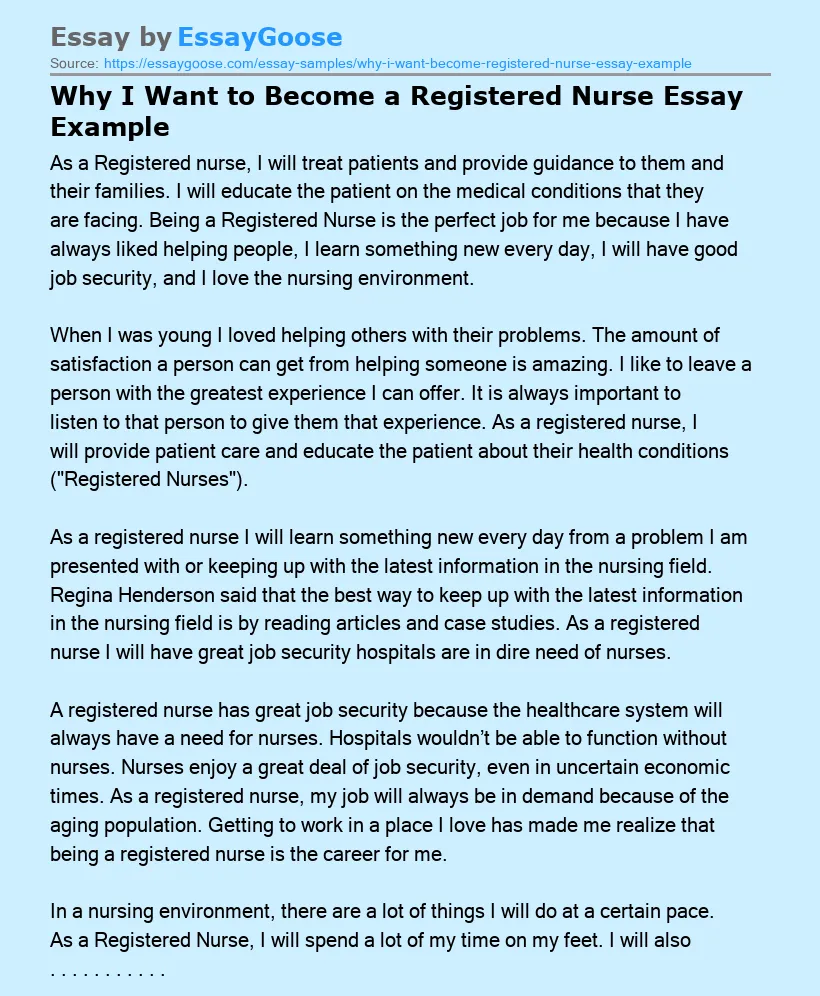 Why I Want to Become a Registered Nurse Essay Example