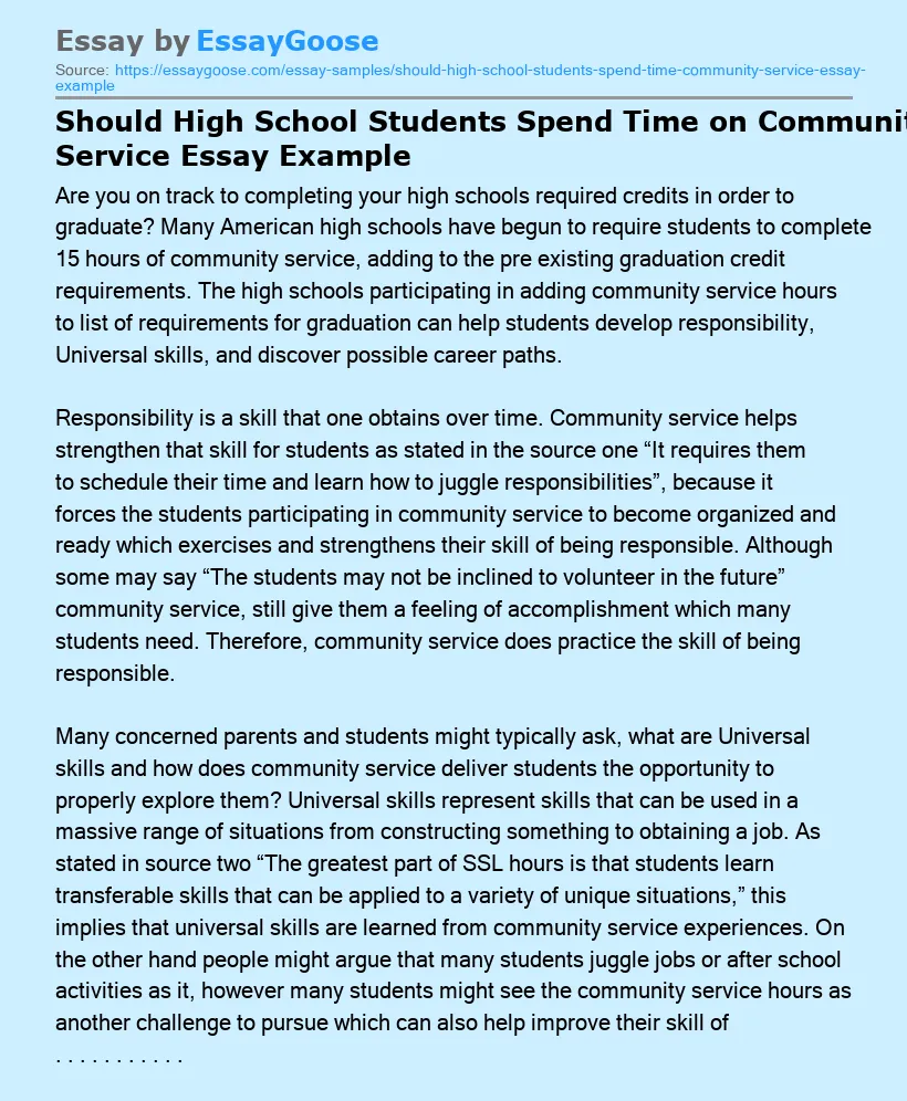 Should High School Students Spend Time on Community Service Essay Example