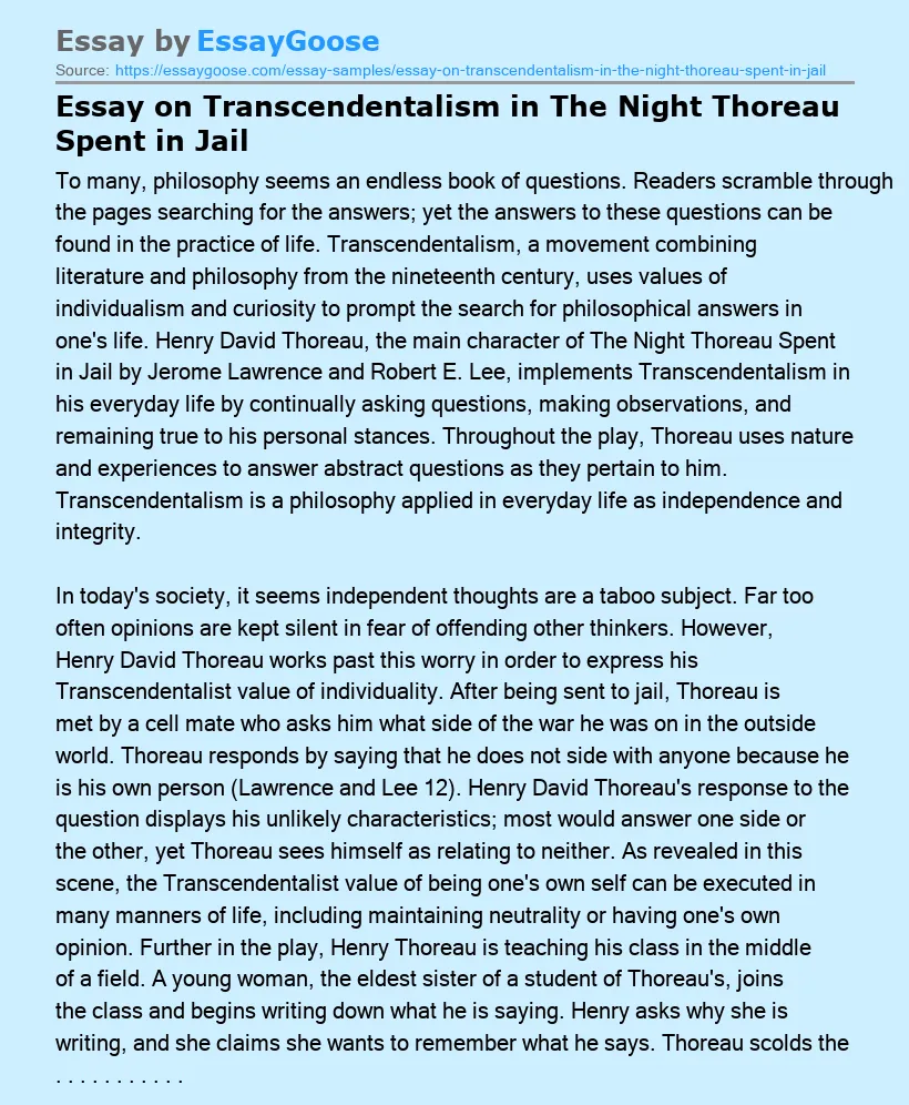 Essay on Transcendentalism in The Night Thoreau Spent in Jail