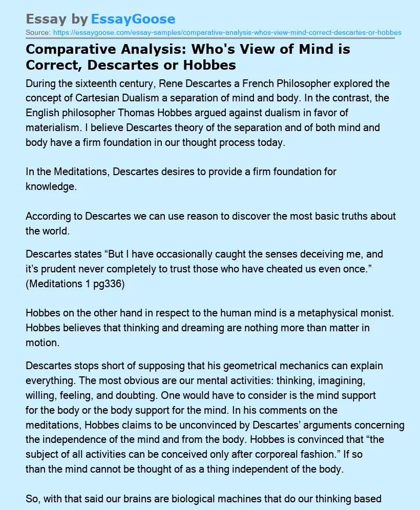 Comparative Analysis: Who's View of Mind is Correct, Descartes or Hobbes