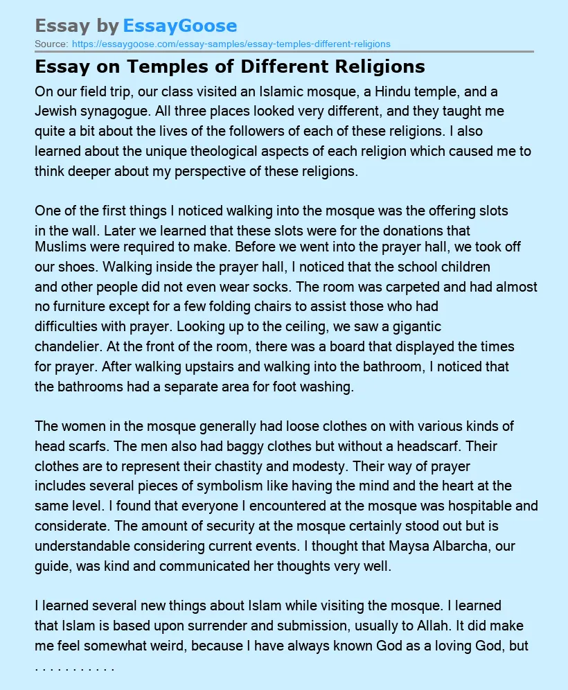 Essay on Temples of Different Religions