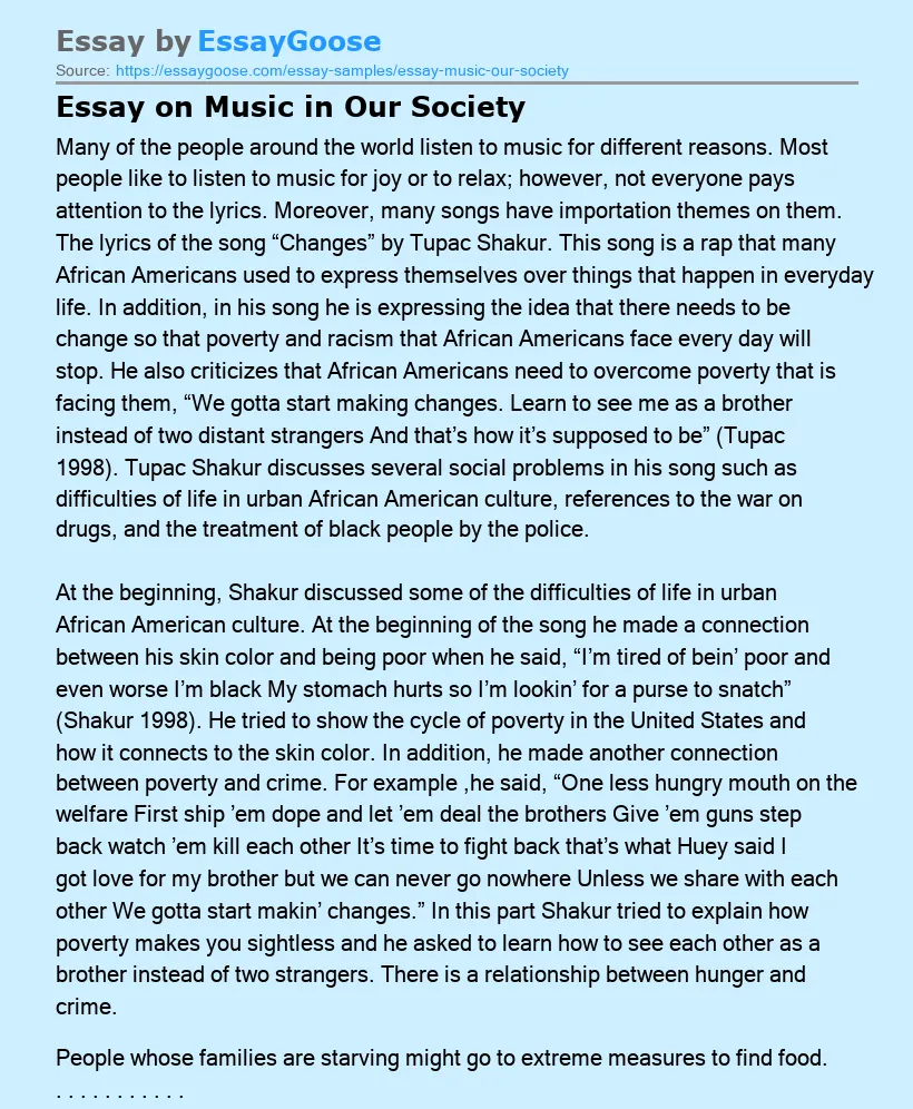 Essay on Music in Our Society