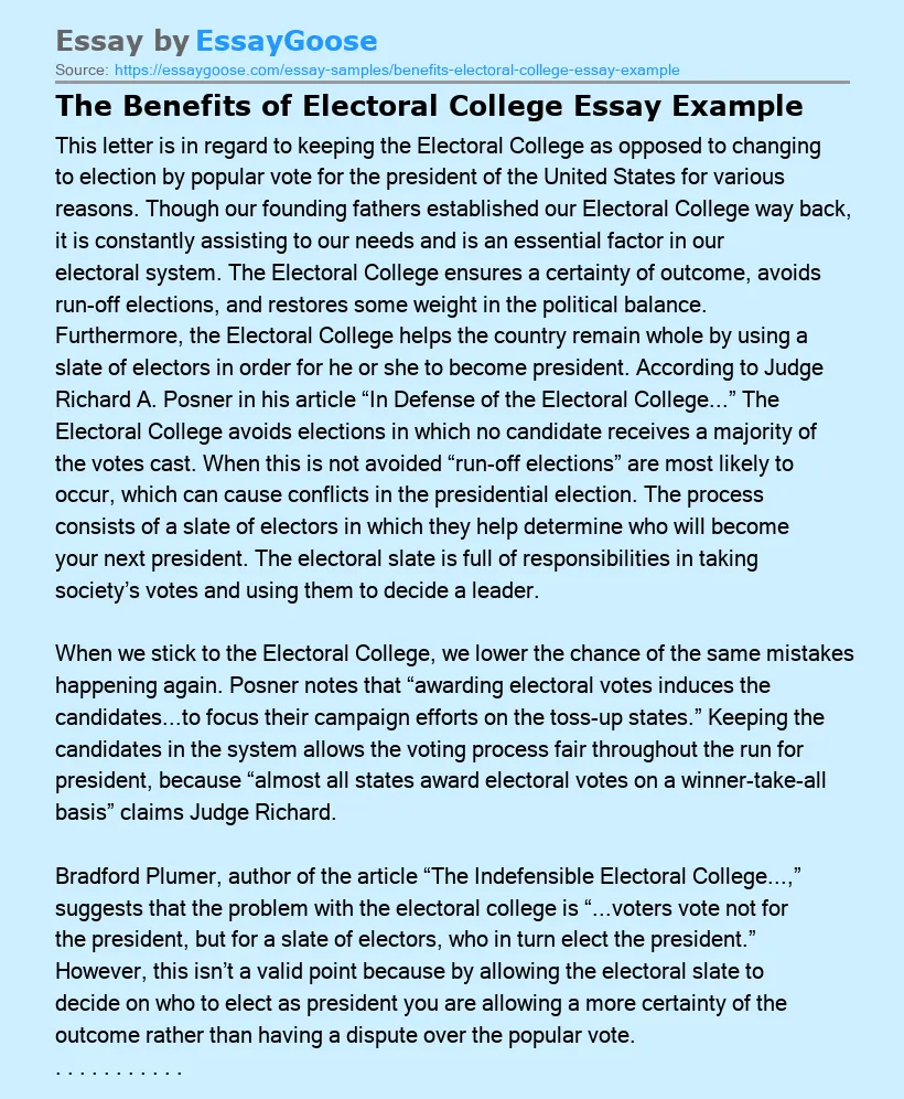 The Benefits of Electoral College Essay Example