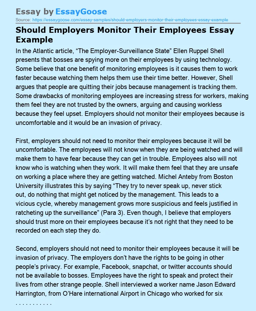 Should Employers Monitor Their Employees Essay Example