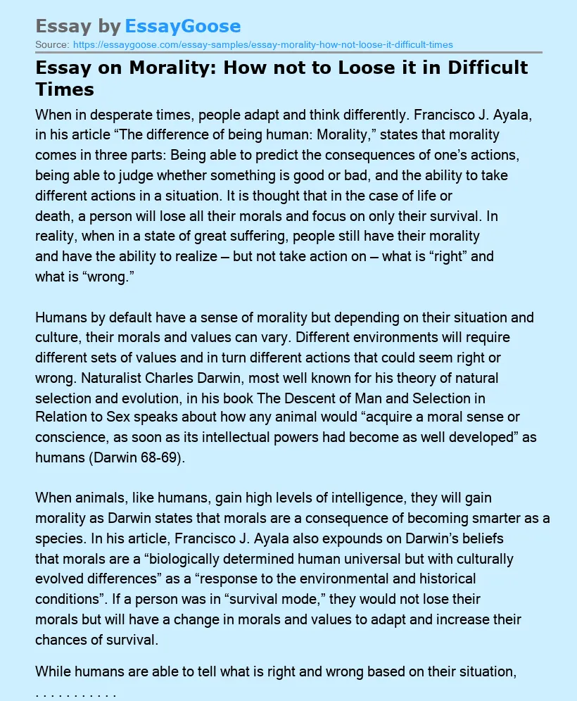 Essay on Morality: How not to Loose it in Difficult Times