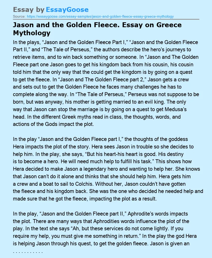 Jason and the Golden Fleece. Essay on Greece Mythology
