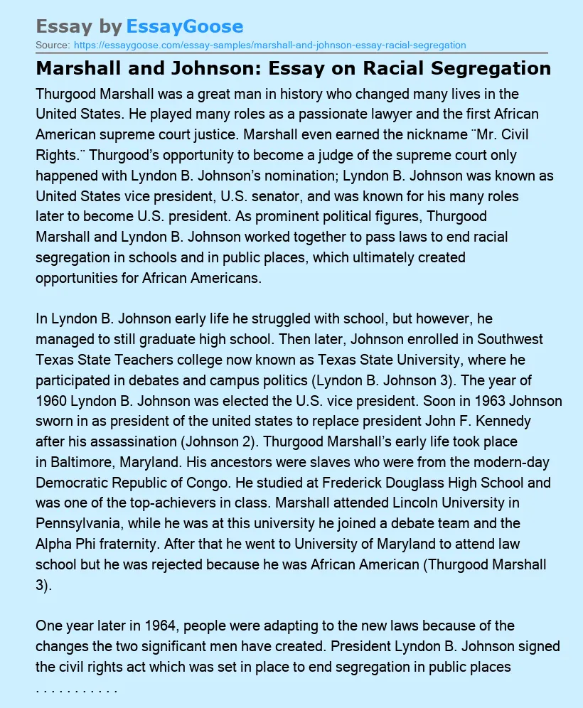 Marshall and Johnson: Essay on Racial Segregation