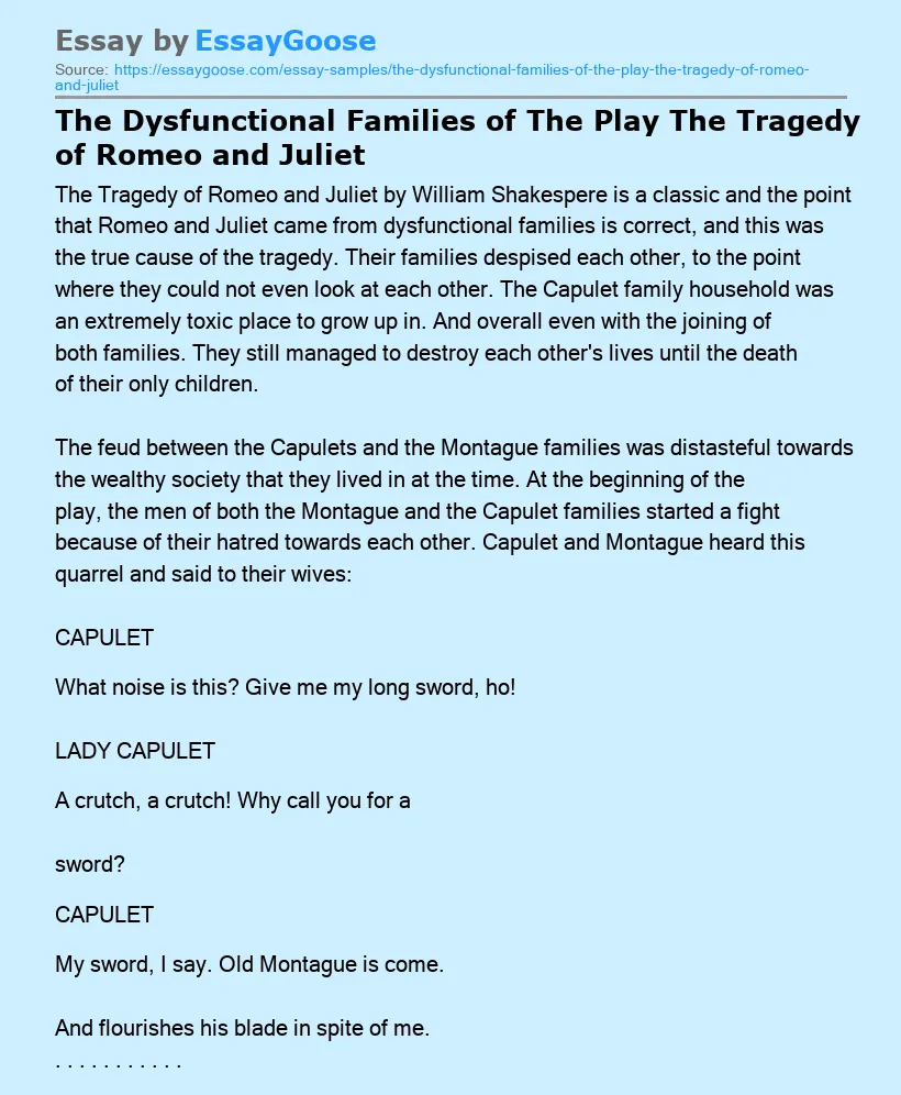 The Dysfunctional Families of The Play The Tragedy of Romeo and Juliet