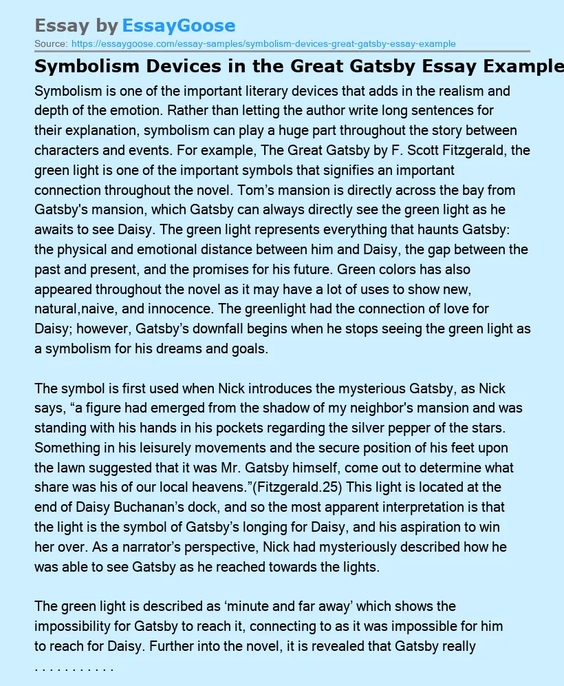 Symbolism Devices in the Great Gatsby Essay Example