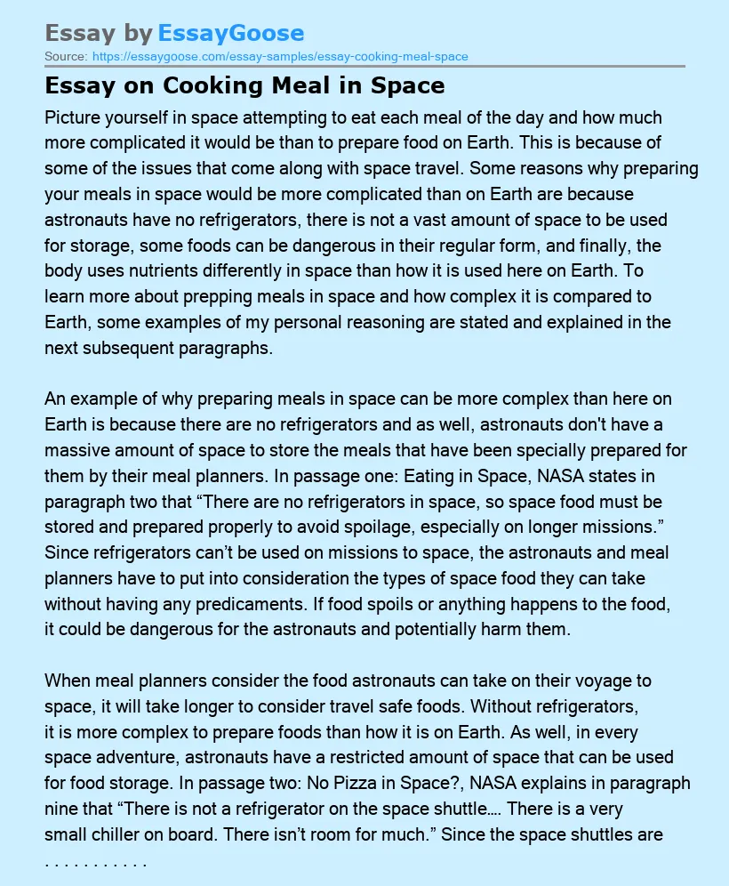 Essay on Cooking Meal in Space