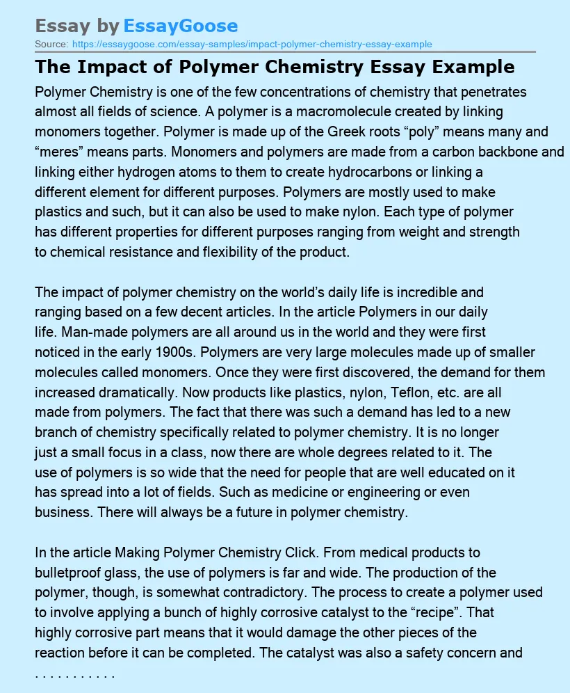 The Impact of Polymer Chemistry Essay Example