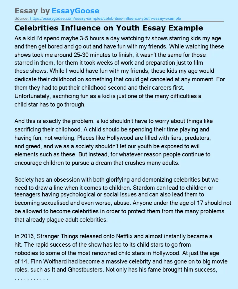 Celebrities Influence on Youth Essay Example