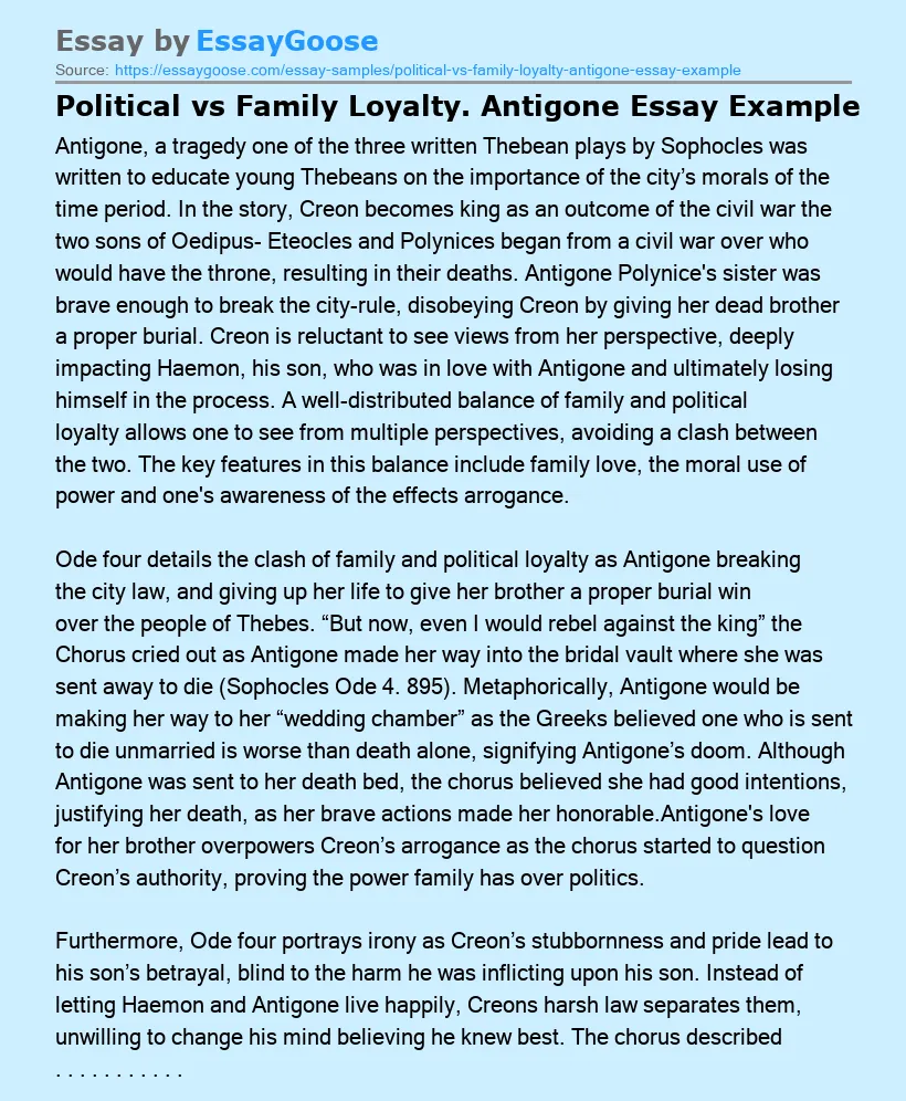 Political vs Family Loyalty. Antigone Essay Example