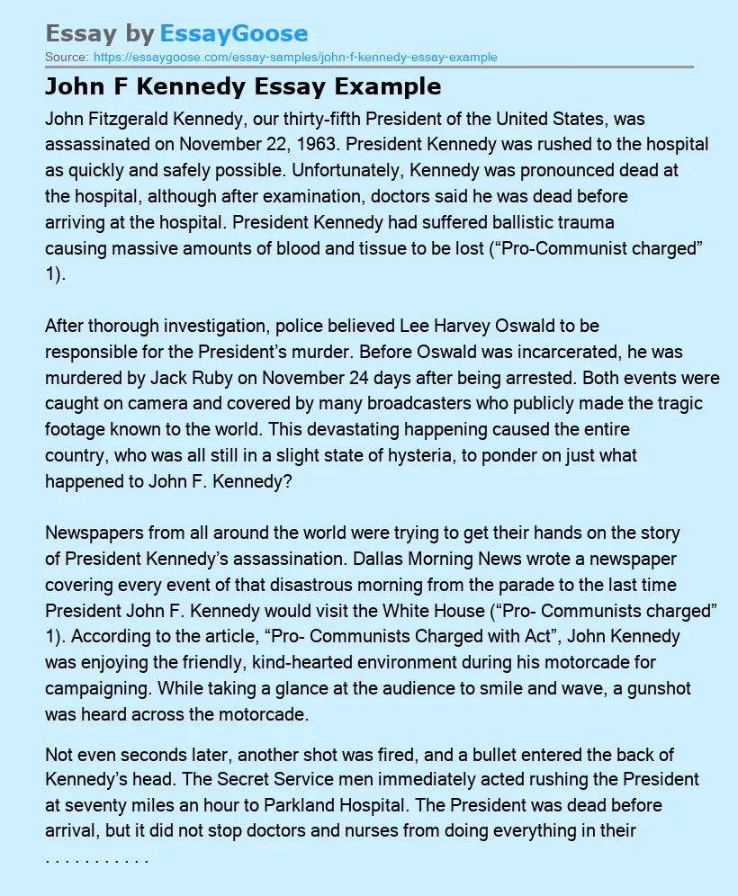 John F Kennedy Essay Example