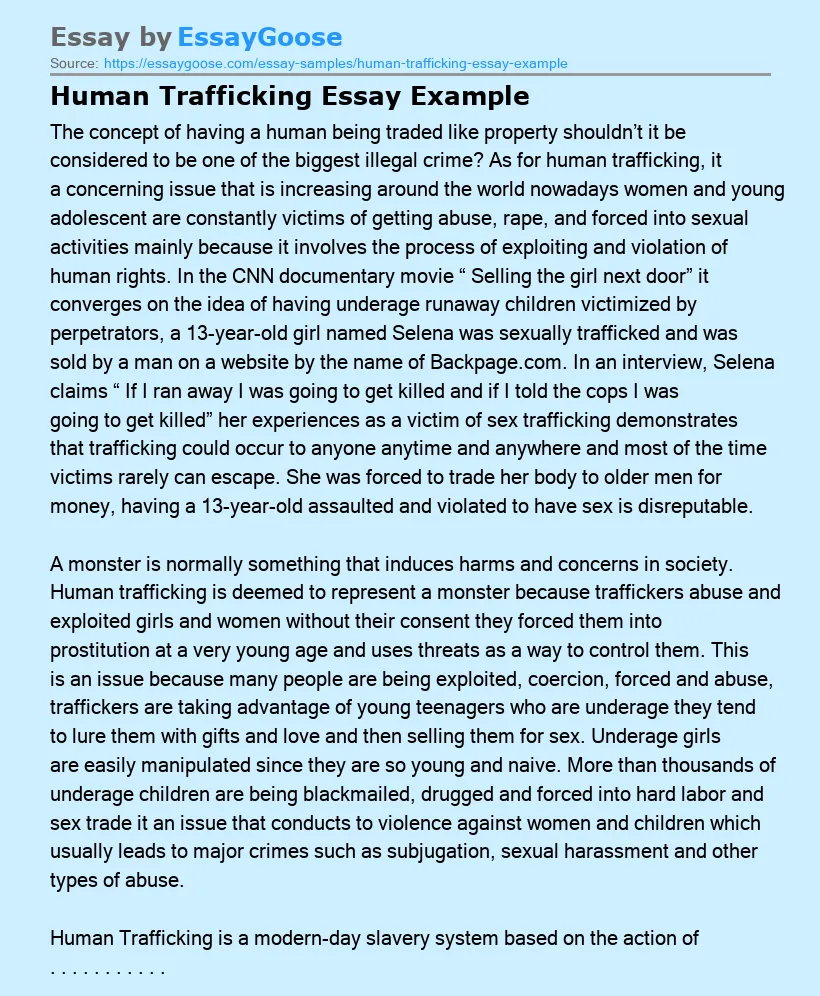 Human Trafficking Essay Example