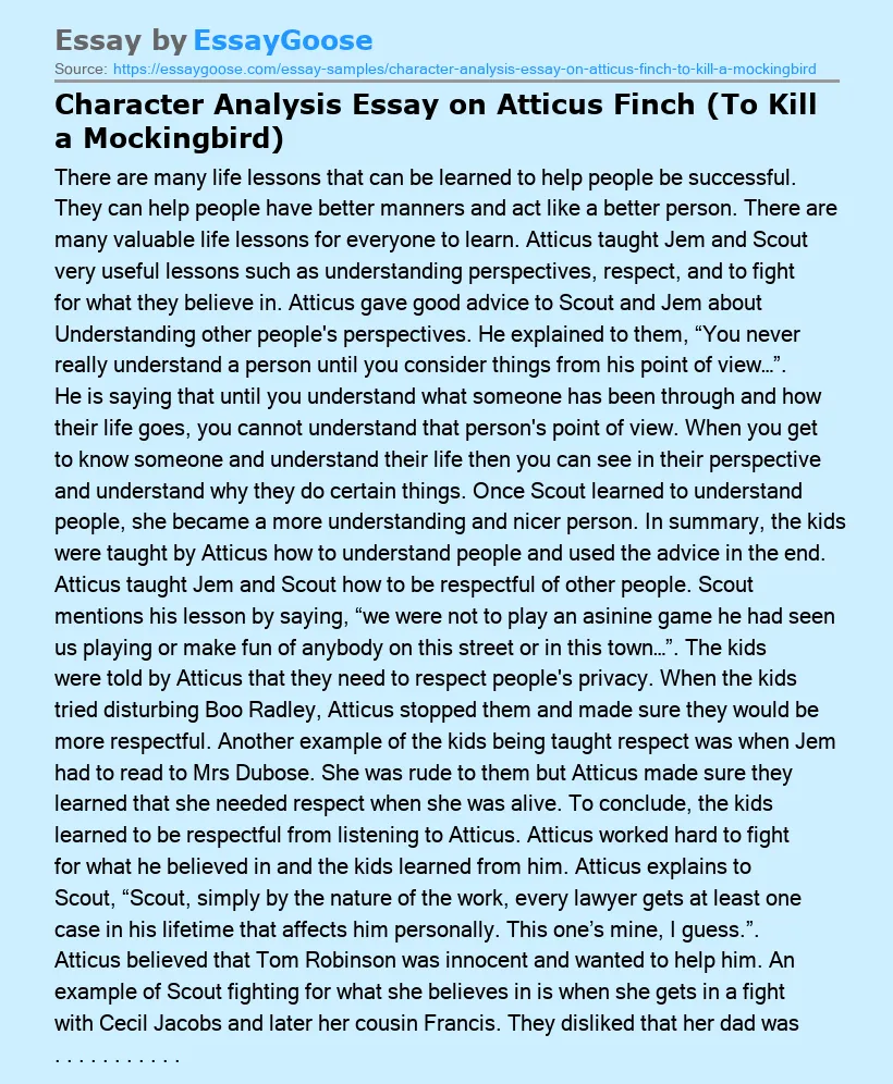 Character Analysis Essay on Atticus Finch (To Kill a Mockingbird)