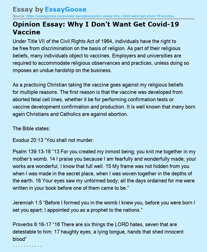 Opinion Essay: Why I Don't Want Get Covid-19 Vaccine