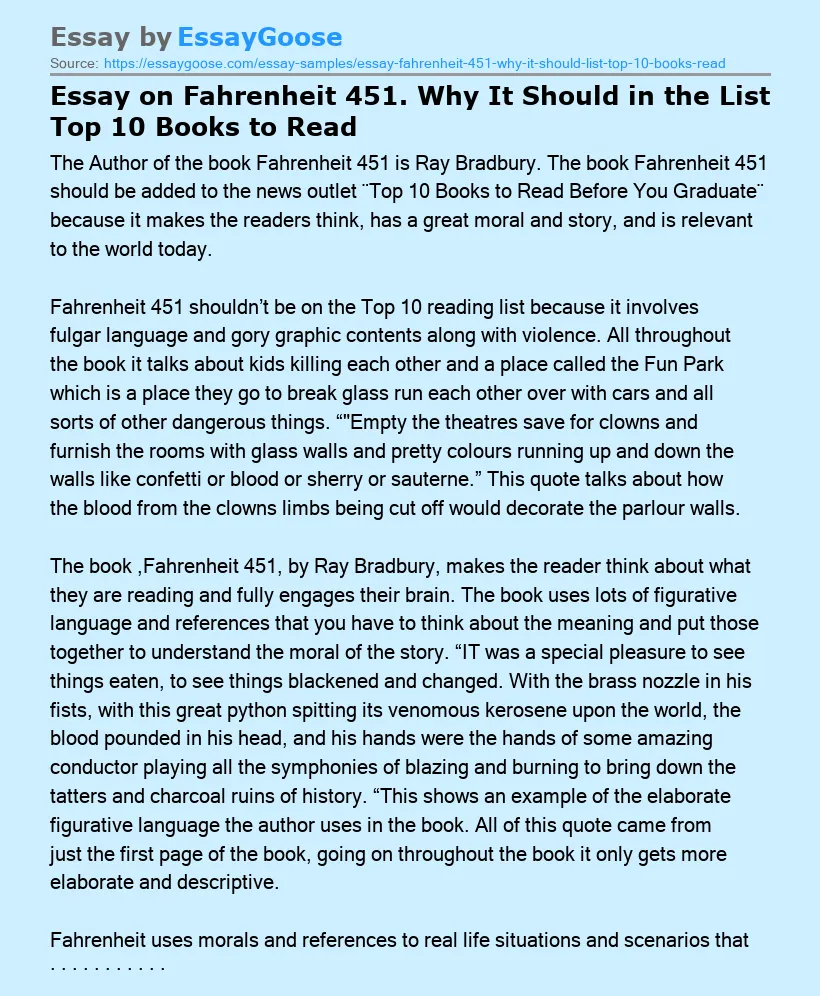 Essay on Fahrenheit 451. Why It Should in the List Top 10 Books to Read