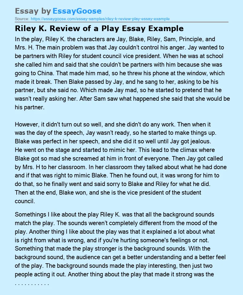 Riley K. Review of a Play Essay Example