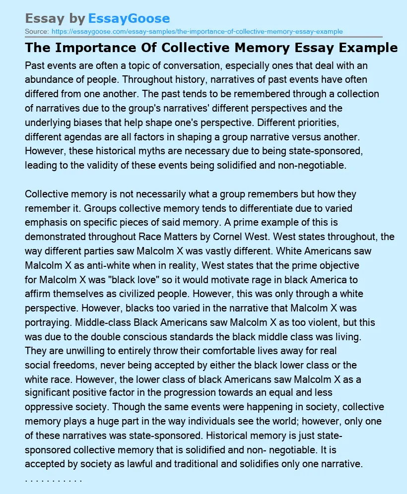 The Importance Of Collective Memory Essay Example