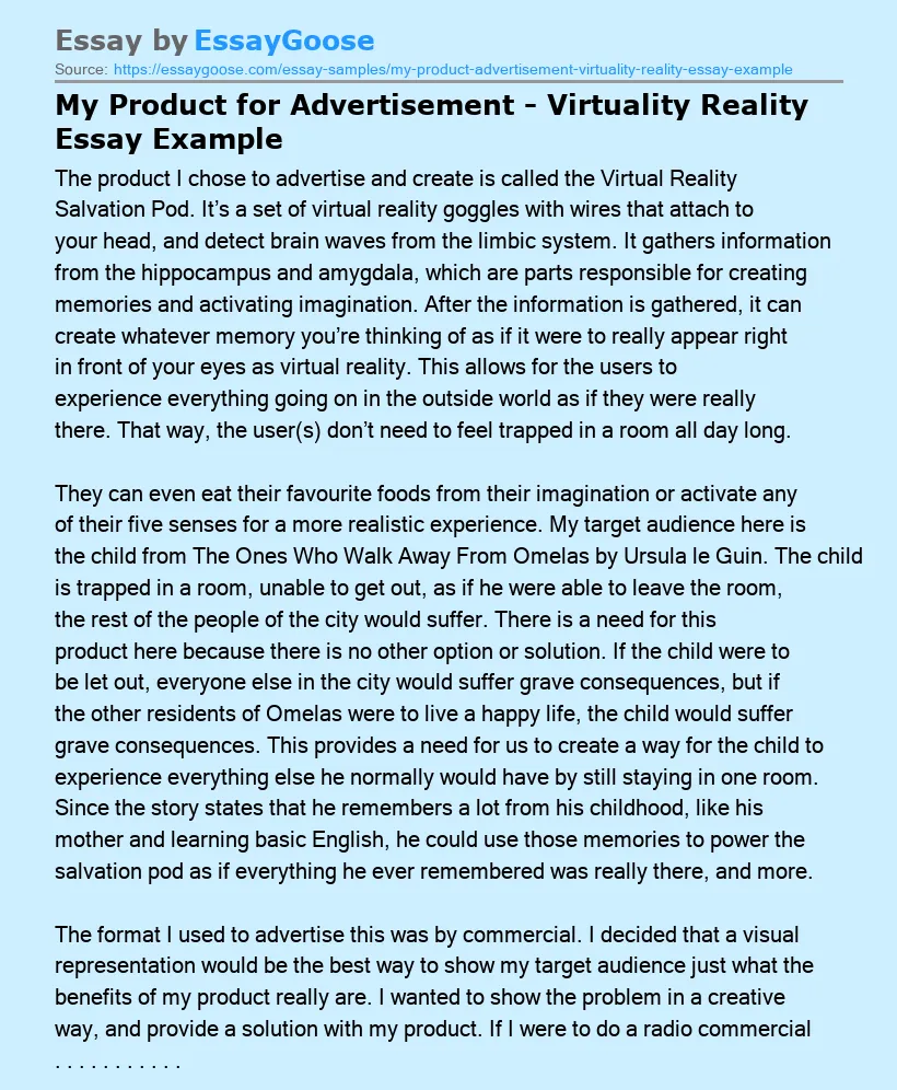 My Product for Advertisement - Virtuality Reality Essay Example