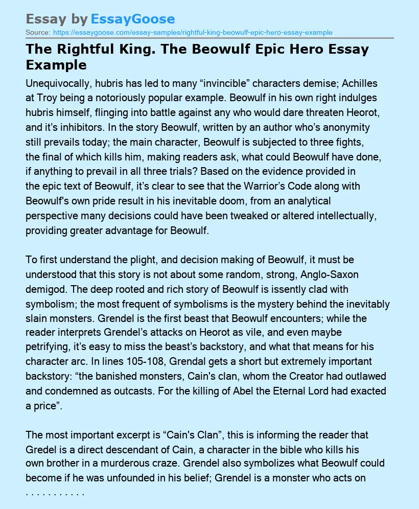 The Rightful King. The Beowulf Epic Hero Essay Example