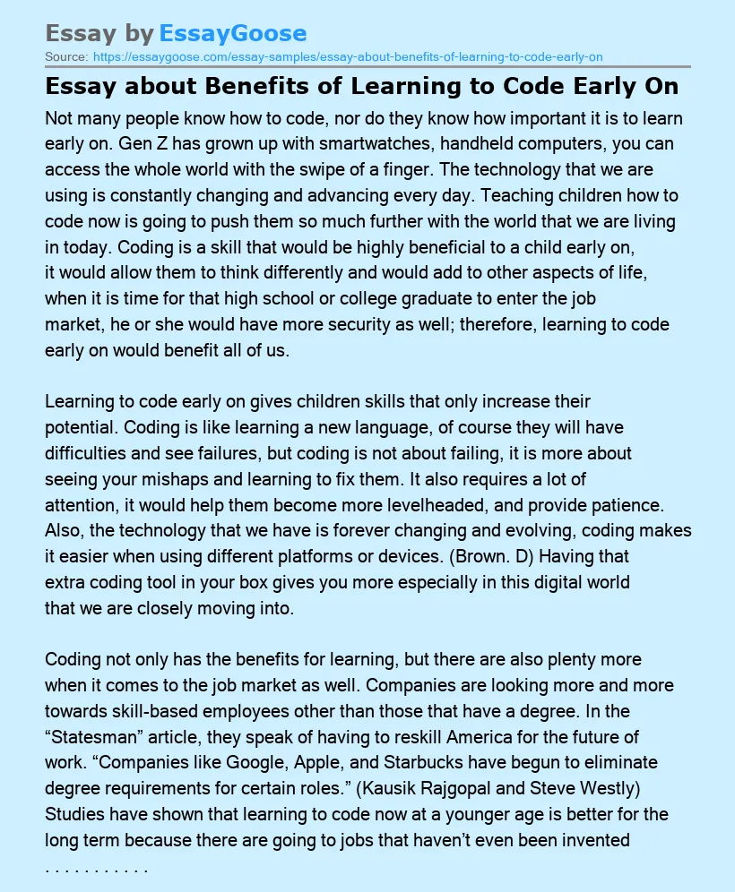 Essay about Benefits of Learning to Code Early On