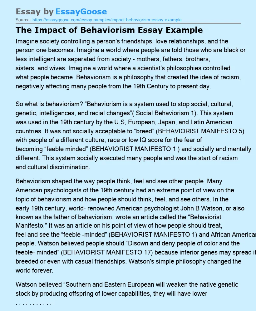 The Impact of Behaviorism Essay Example