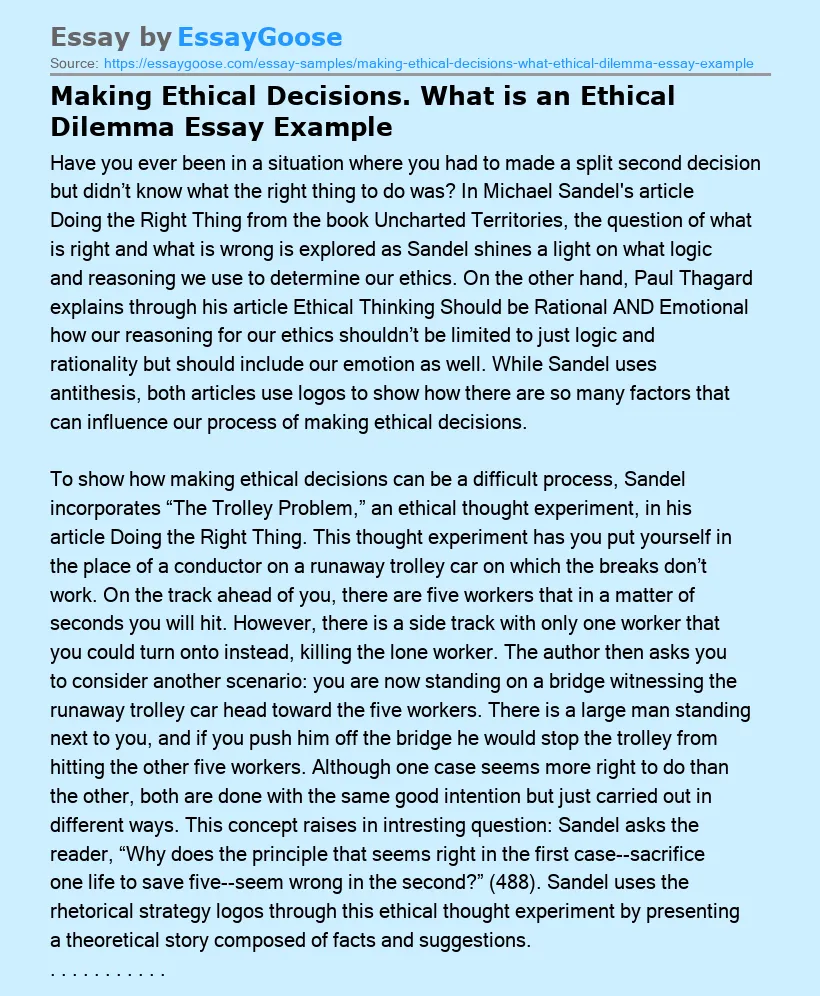 Making Ethical Decisions. What is an Ethical Dilemma Essay Example
