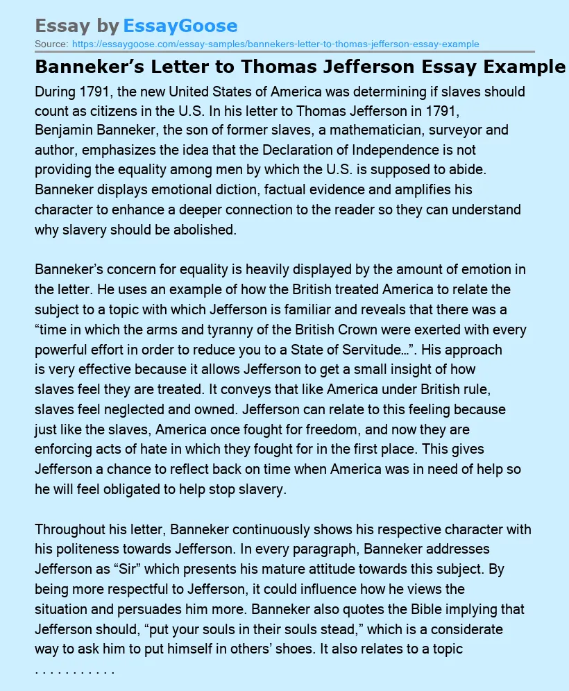 Banneker’s Letter to Thomas Jefferson Essay Example