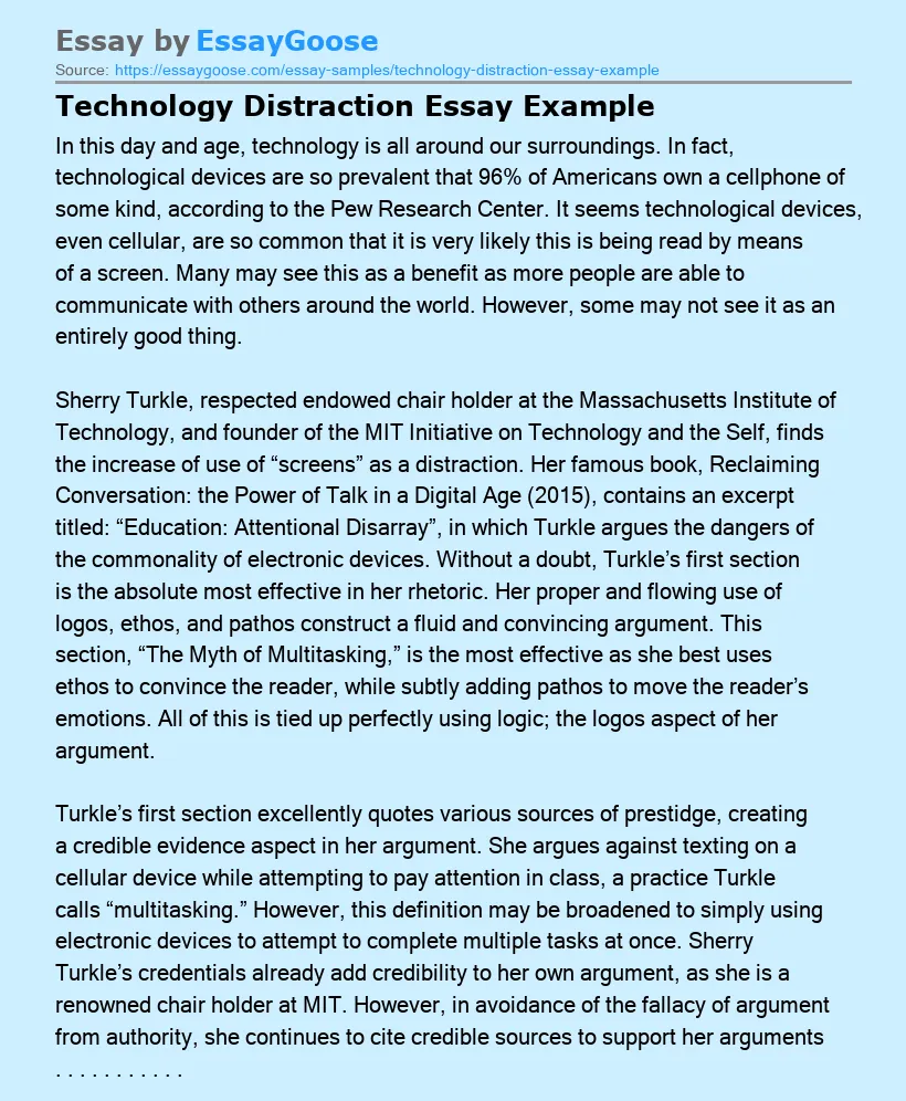 Technology Distraction Essay Example