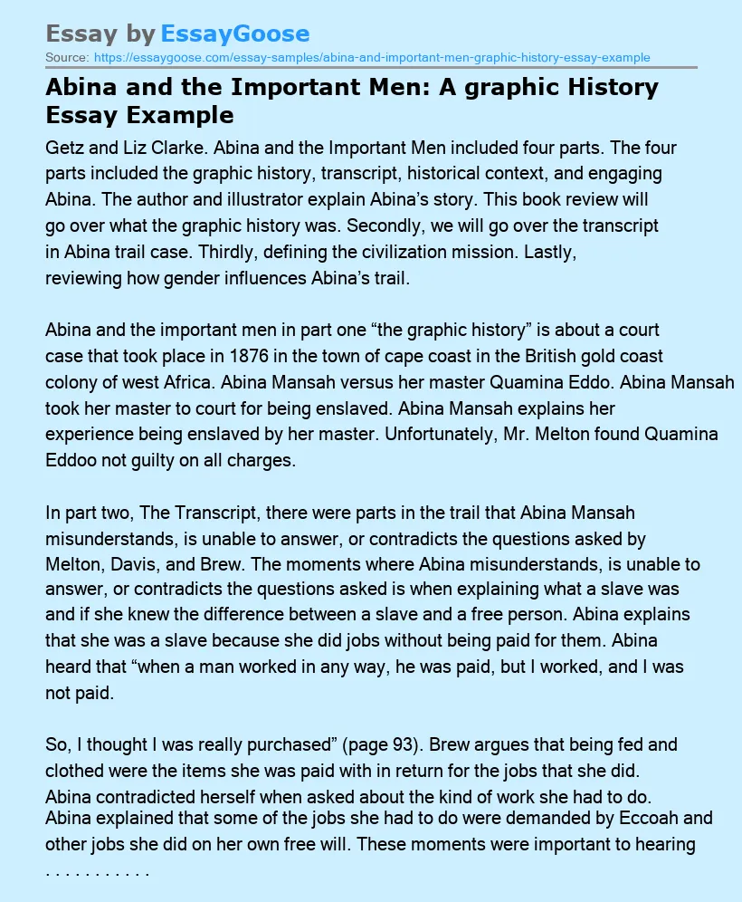 Abina and the Important Men: A graphic History Essay Example