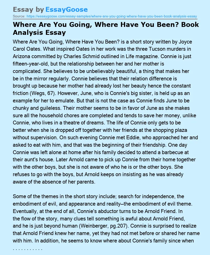 Where Are You Going, Where Have You Been? Book Analysis Essay