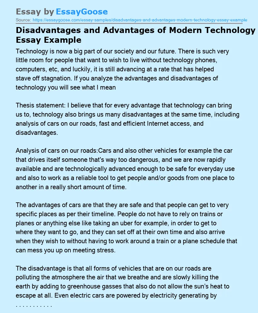 Disadvantages and Advantages of Modern Technology Essay Example