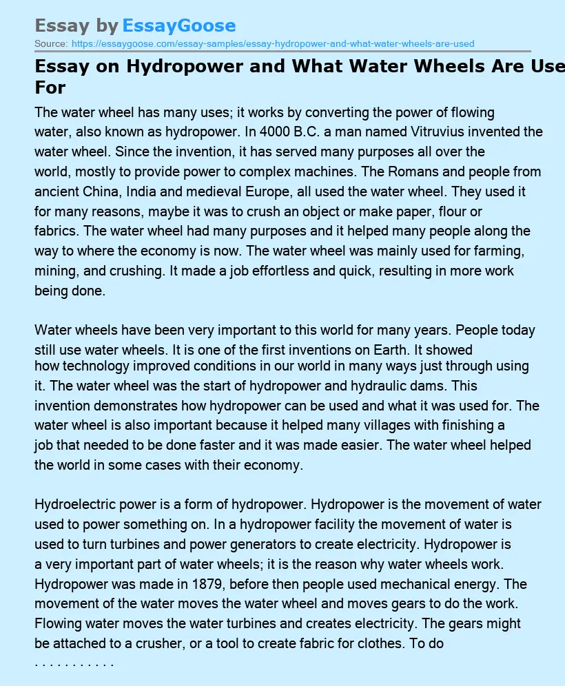 Essay on Hydropower and What Water Wheels Are Used For