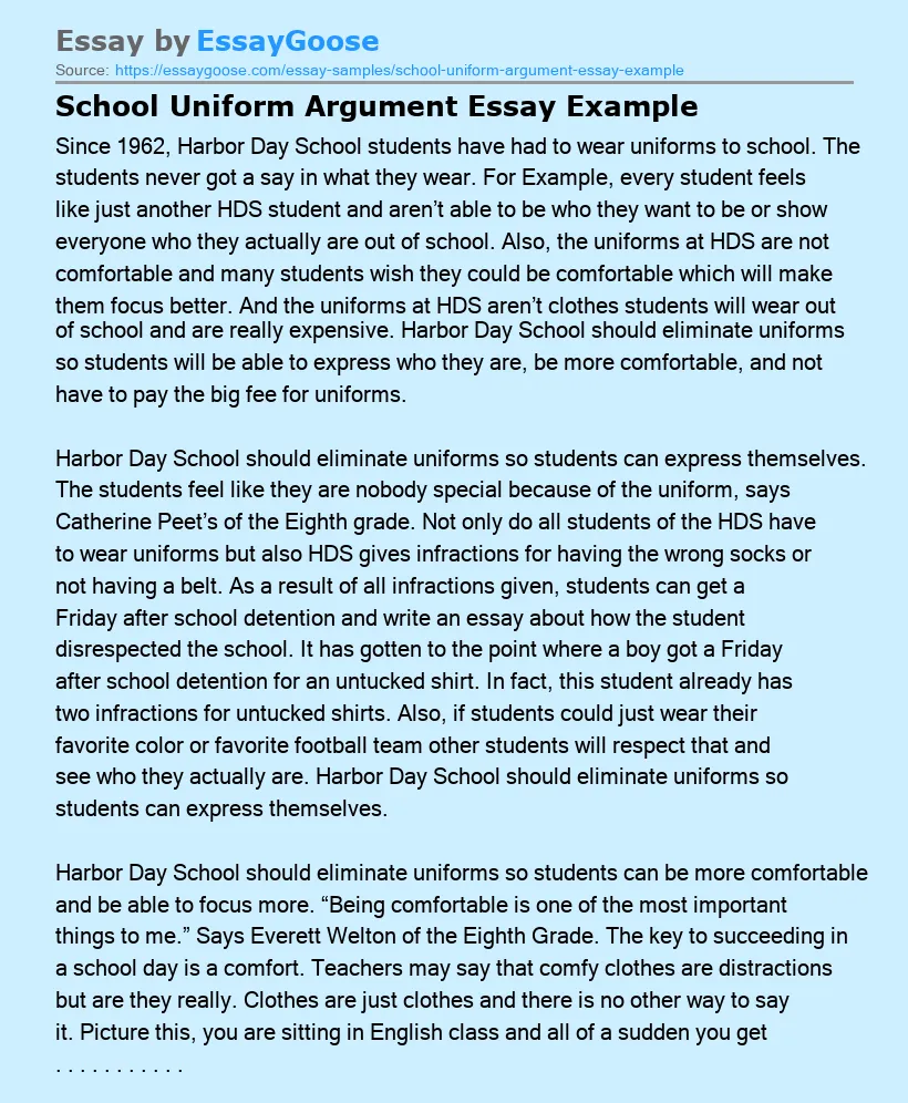 School Uniform Argument Essay Example