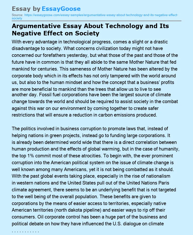 Argumentative Essay About Technology and Its Negative Effect on Society