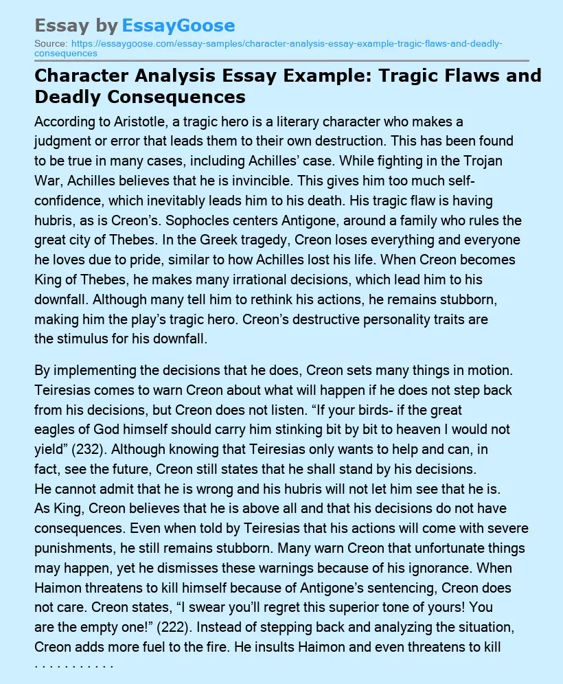 Character Analysis Essay Example: Tragic Flaws and Deadly Consequences