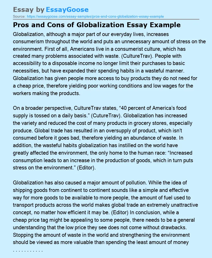 Pros and Cons of Globalization Essay Example