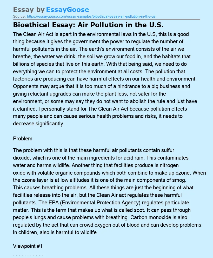Bioethical Essay: Air Pollution in the U.S.