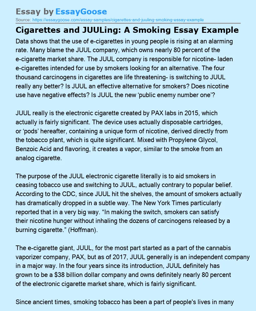 Cigarettes and JUULing: A Smoking Essay Example