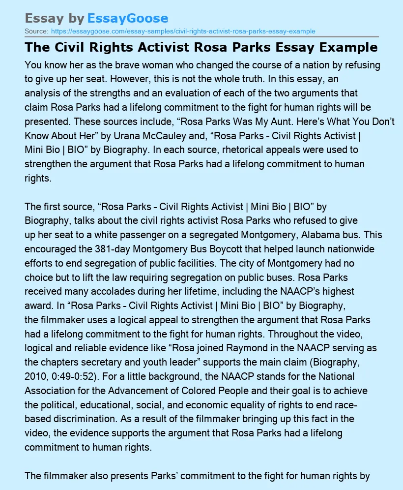 The Civil Rights Activist Rosa Parks Essay Example