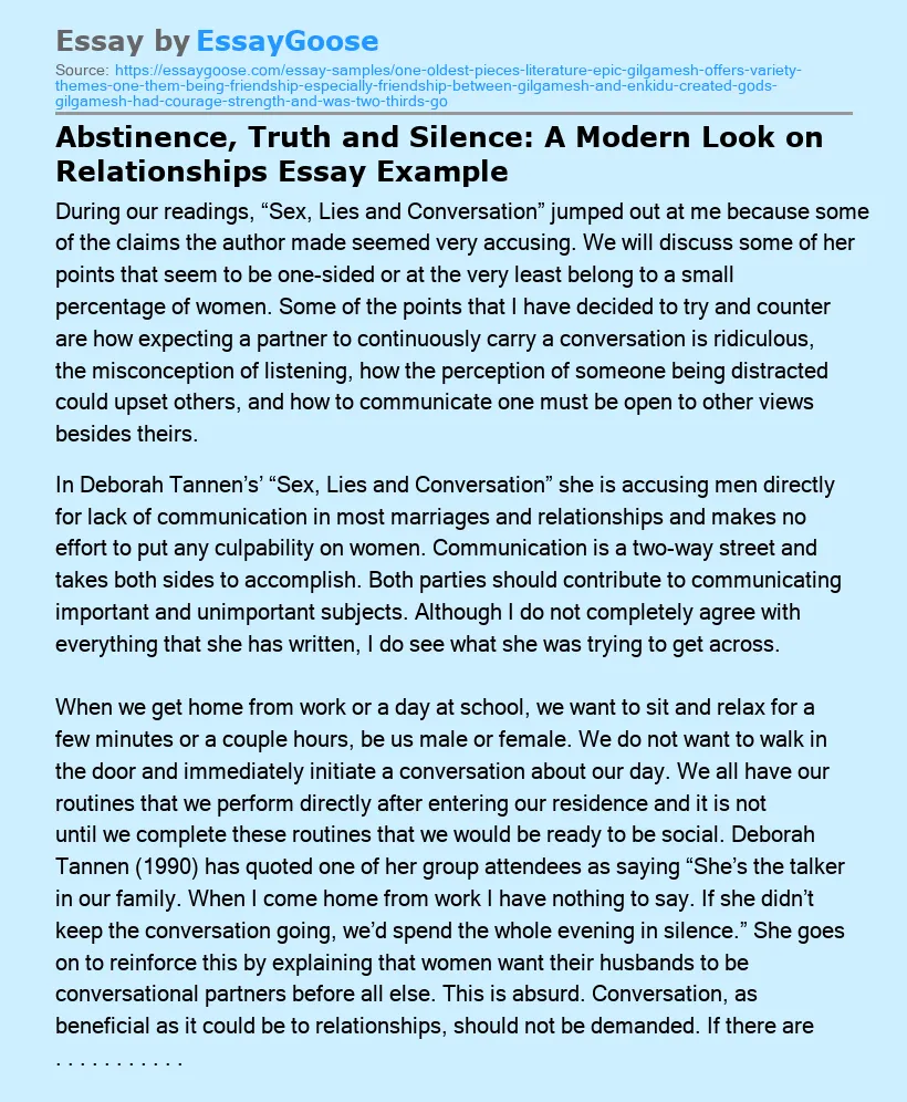 Abstinence, Truth and Silence: A Modern Look on Relationships Essay Example