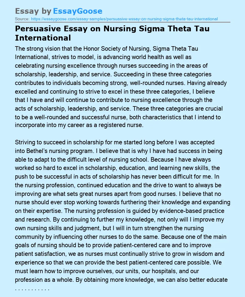 Persuasive Essay on Nursing Sigma Theta Tau International
