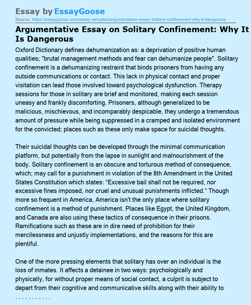 Argumentative Essay on Solitary Confinement: Why It Is Dangerous