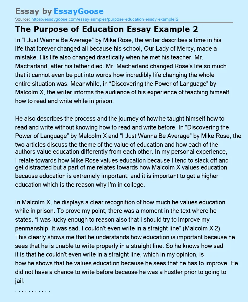 The Purpose of Education Essay Example 2
